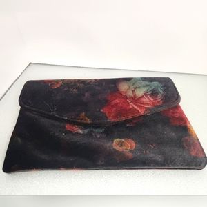 Velvet black w red rose pattern flap closure clutch w hidden strap hooks